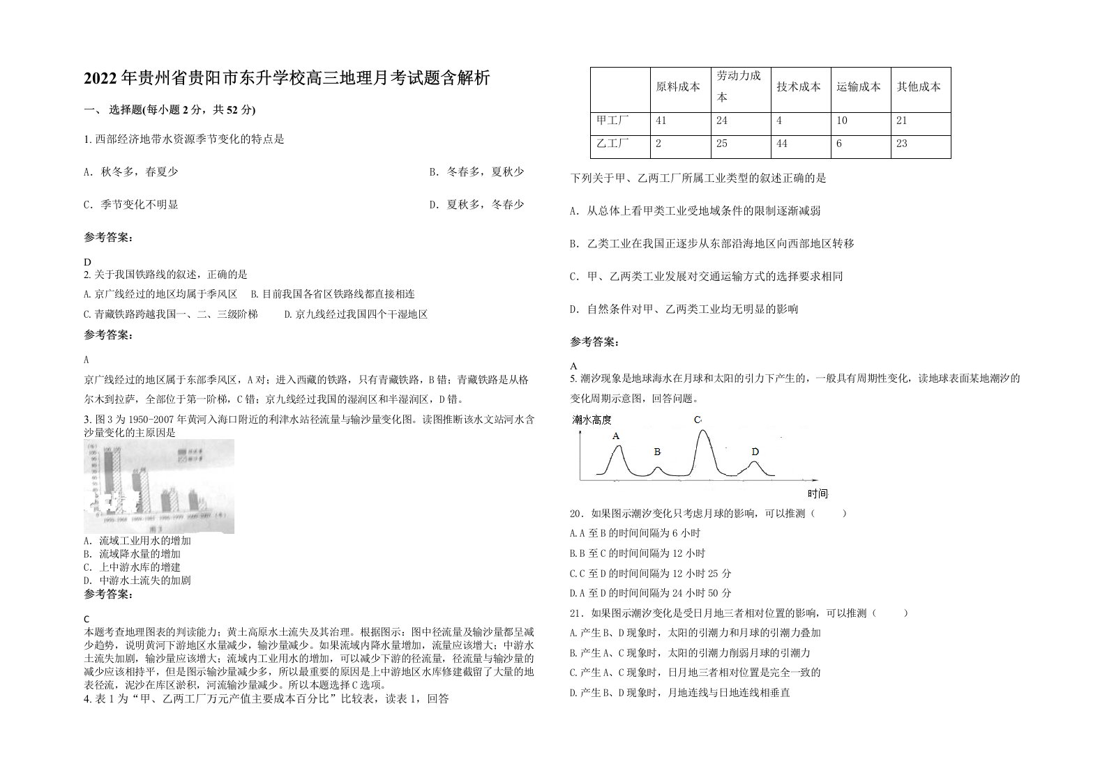 2022年贵州省贵阳市东升学校高三地理月考试题含解析