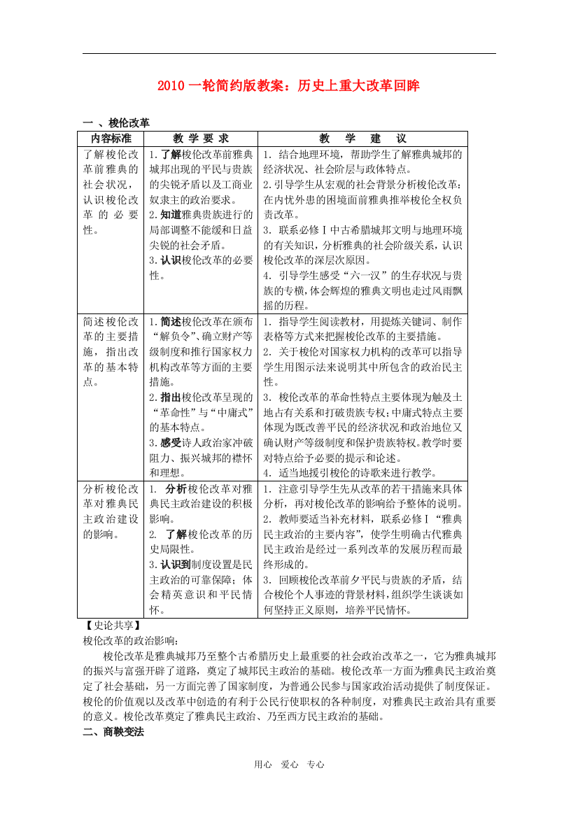 2010届高三历史一轮简约版教案：历史上重大改革回眸