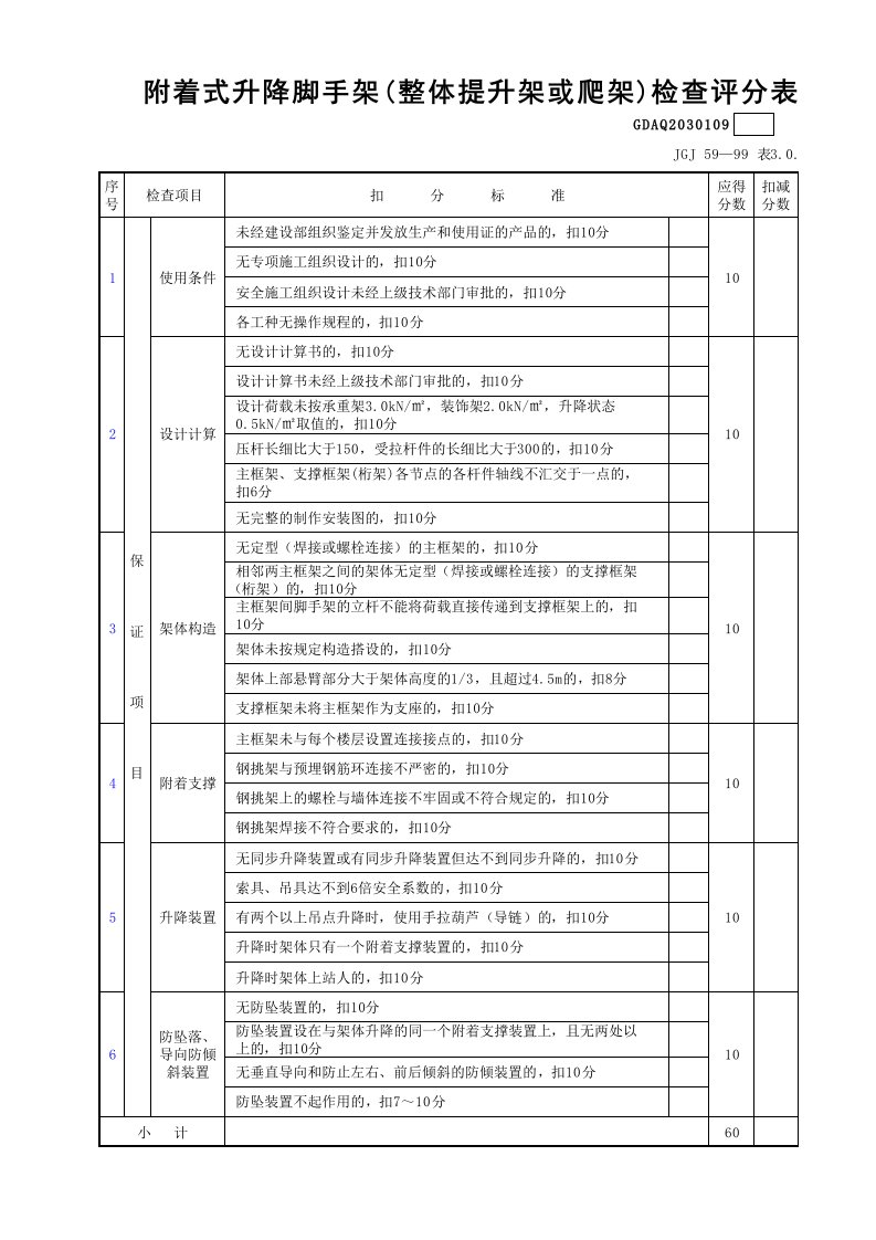 建筑工程-附着式升降脚手架整体提升架或爬架检查评分表含续表GDAQ2030109