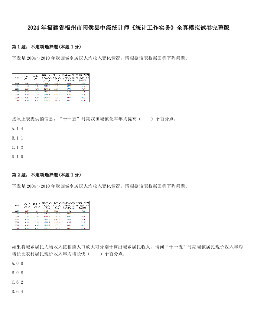 2024年福建省福州市闽侯县中级统计师《统计工作实务》全真模拟试卷完整版