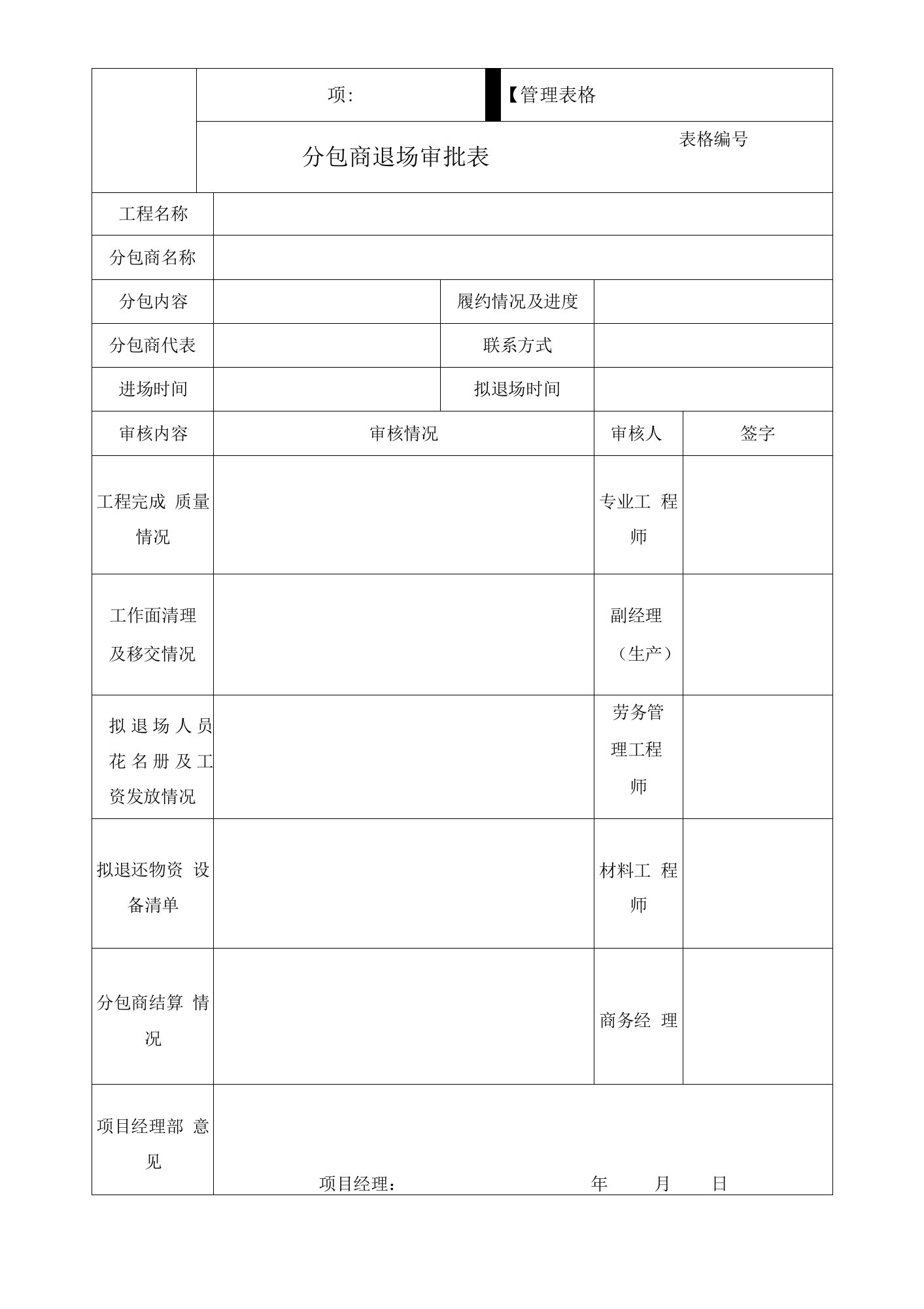 分包商退场审批表