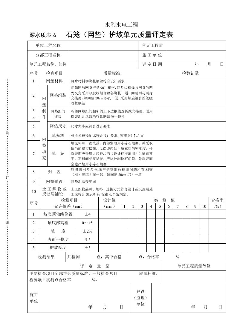 建筑资料-深水质表6石笼护坡单元评定表