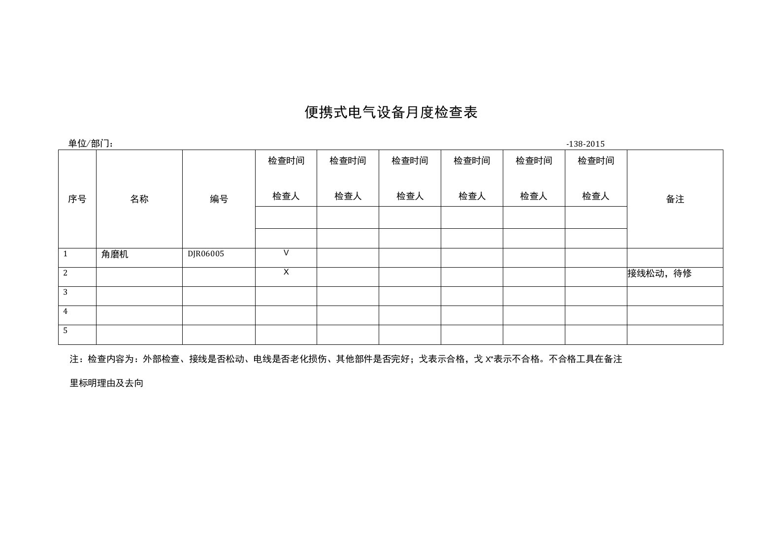 便携式电气设备月度检查表