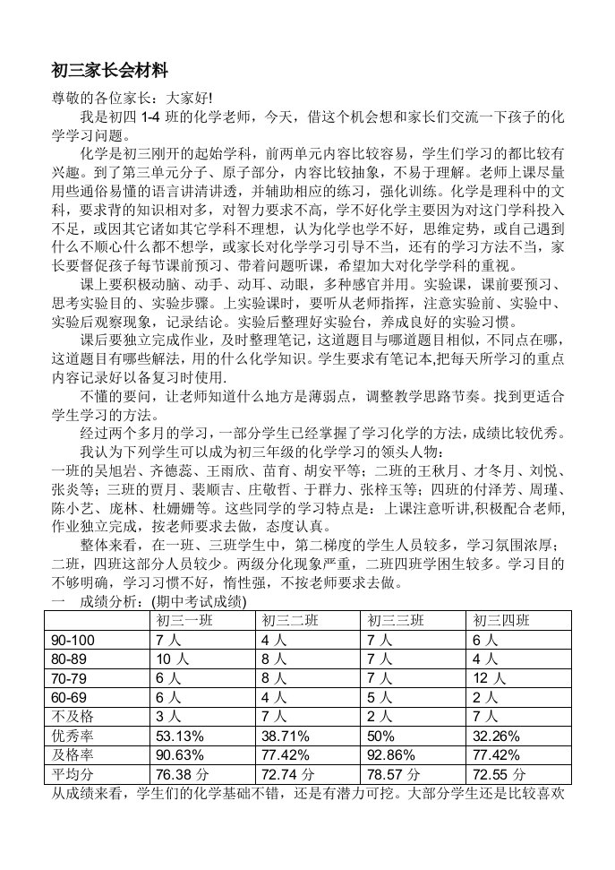 初三家长会化学教师发言稿