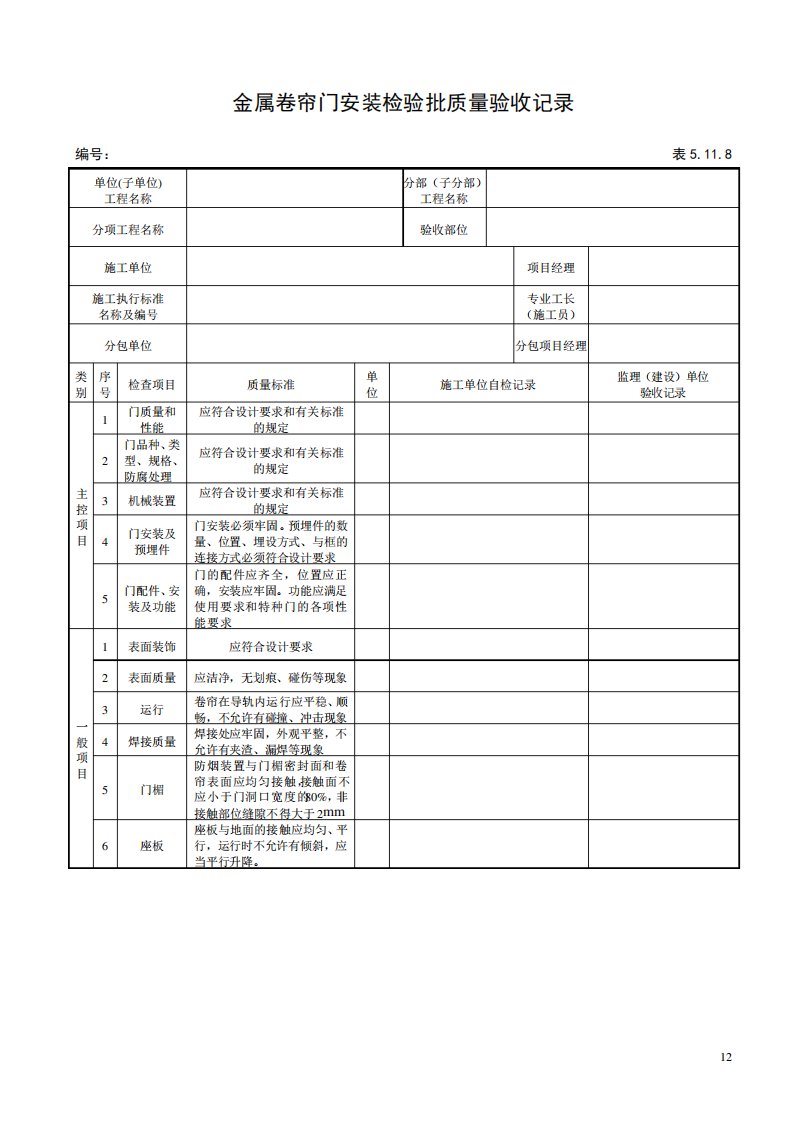 金属卷帘门安装检验批质量验收记录