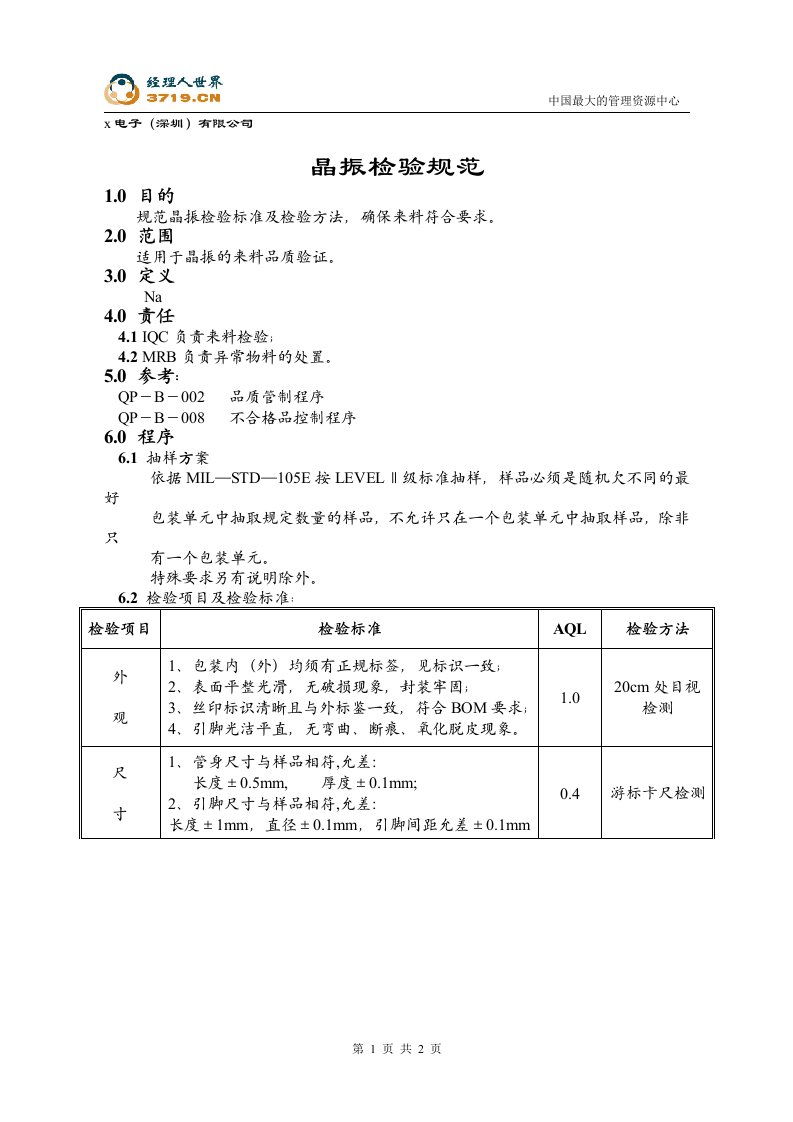 x赛龙电子IQC检验标准-晶振检验规范(doc)-质量检验