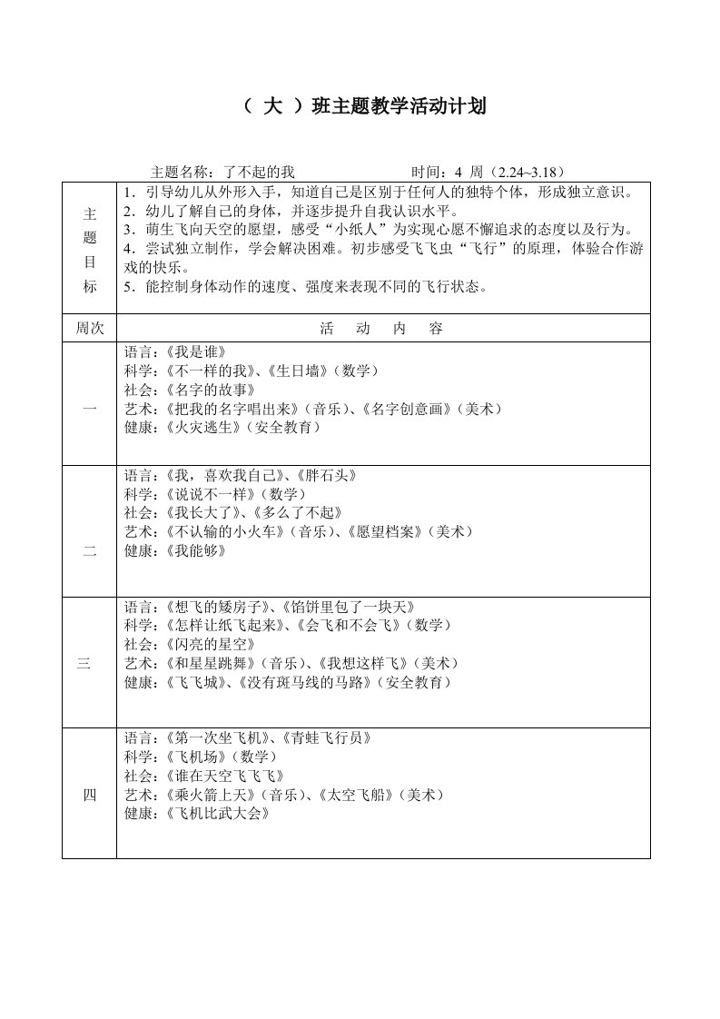 大班第二学期主题计划