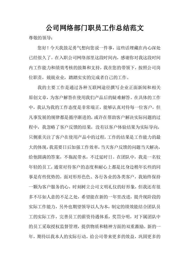 公司网络部门职员工作总结范文