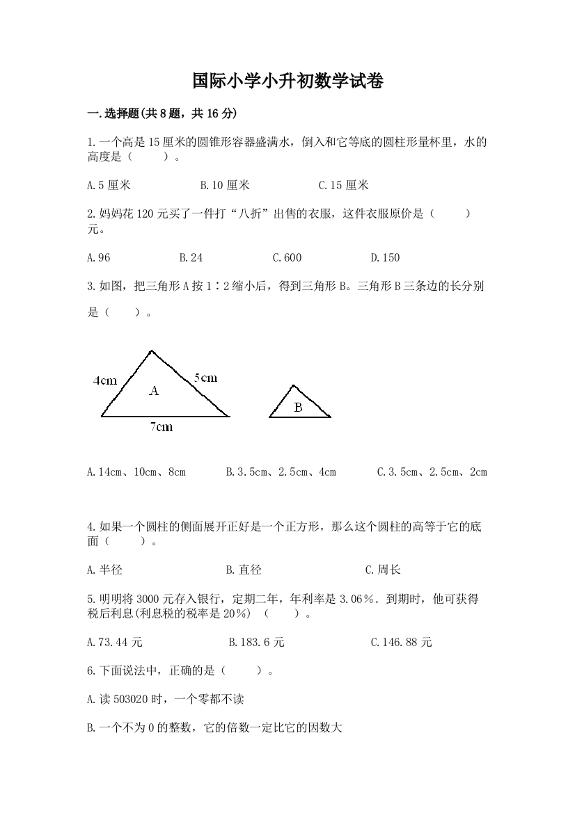 国际小学小升初数学试卷精品（考点梳理）