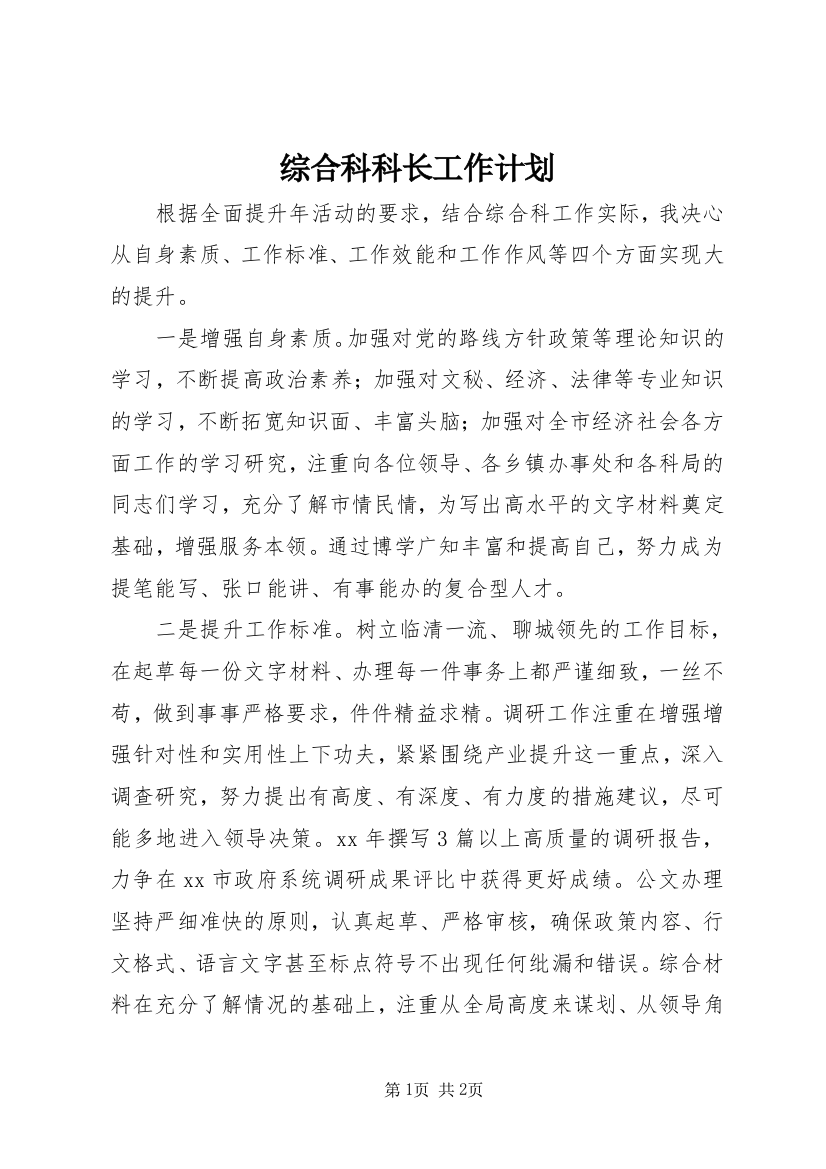 综合科科长工作计划