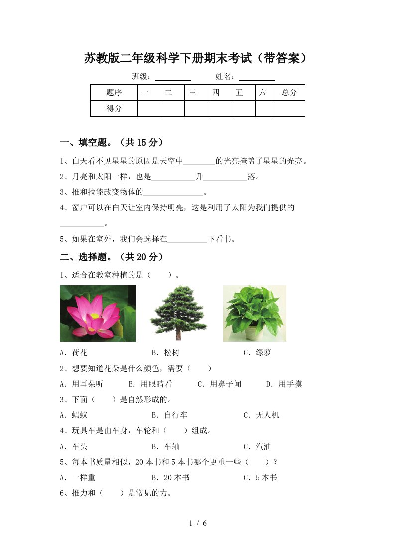 苏教版二年级科学下册期末考试带答案