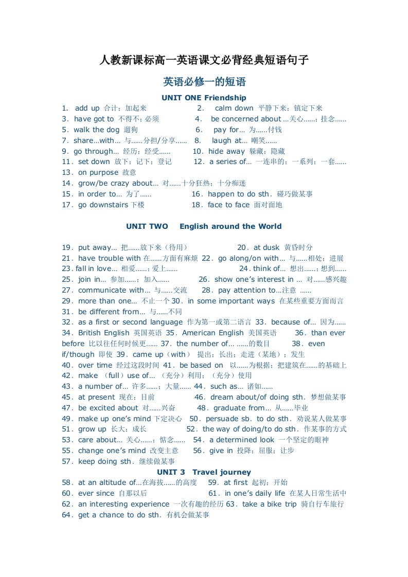 高一英语课文必背经典70句人教新课标