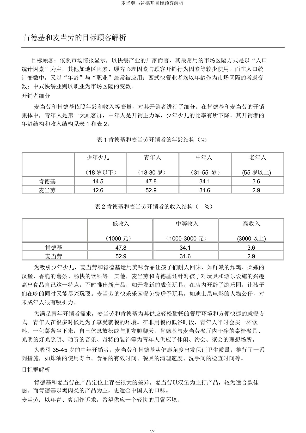 麦当劳与肯德基目标顾客分析