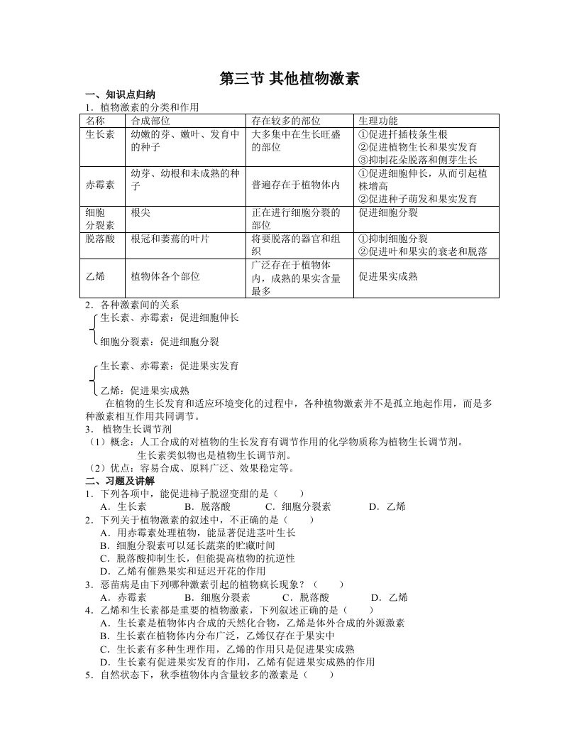 其他植物激素知识点归纳植物激素的分类和作用名称