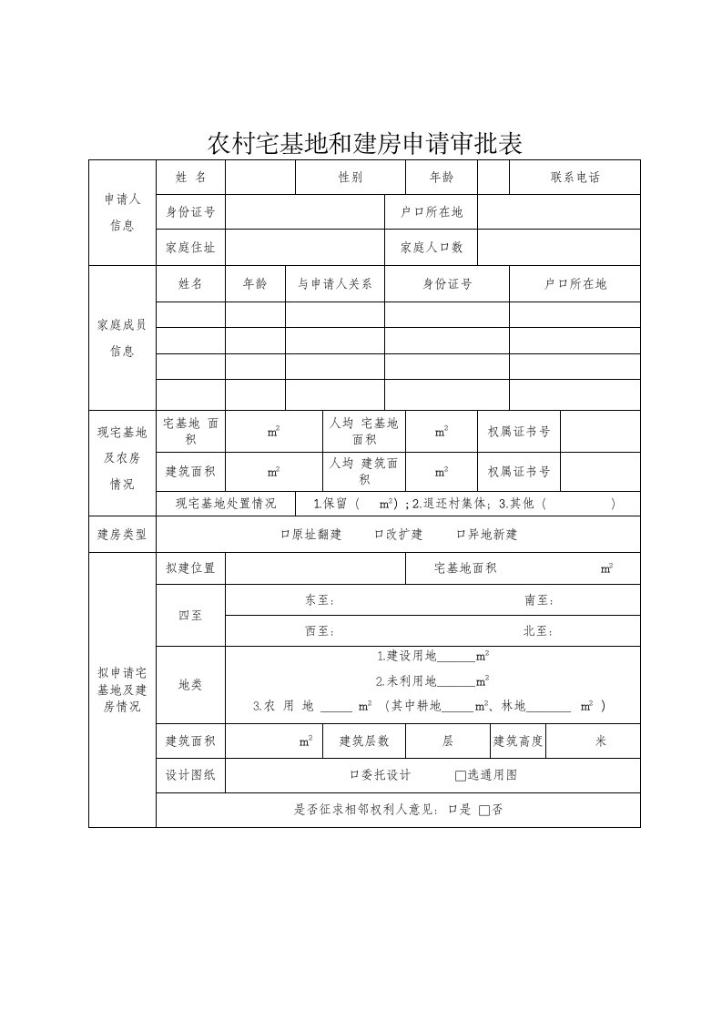 农村宅基地和建房申请审批表