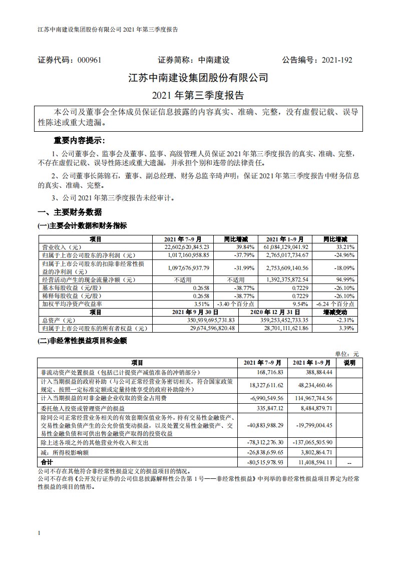 深交所-中南建设：2021年第三季度报告-20211030