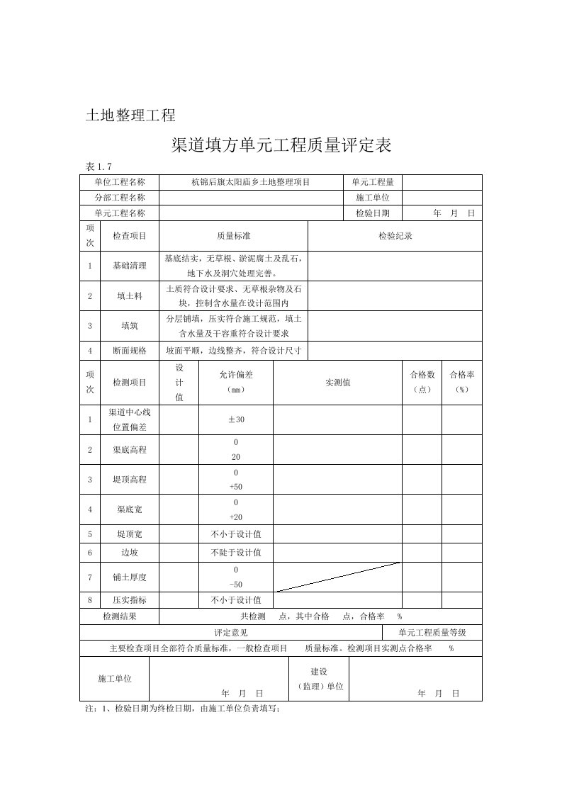 渠道填方单元工程质量评定表