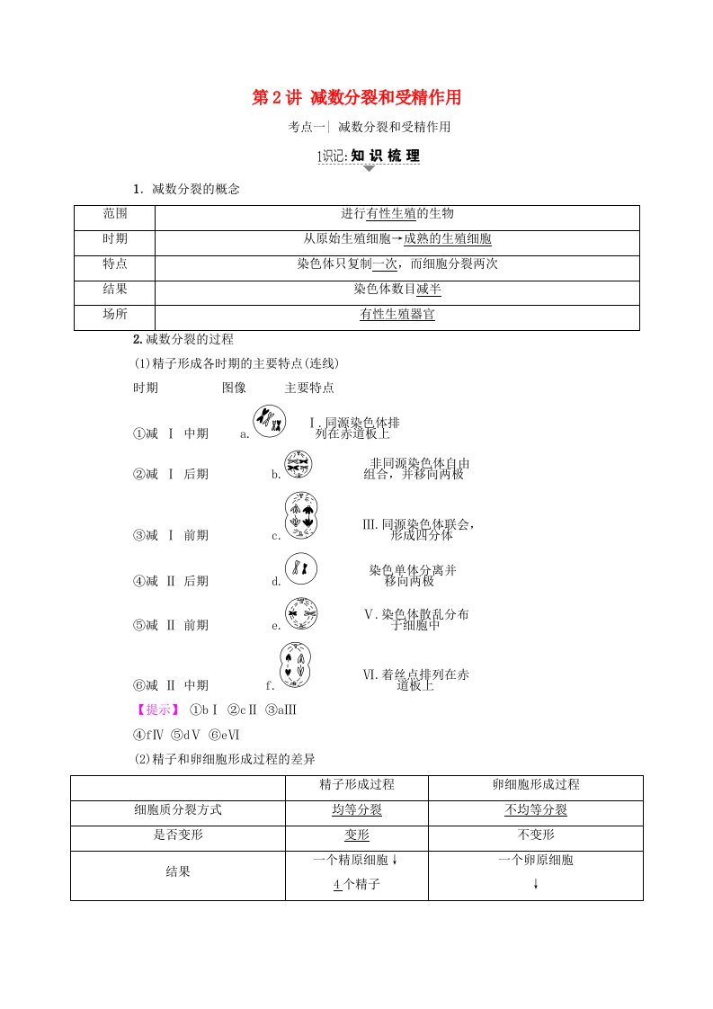 高三生物一轮复习第4单元减数分裂和受精作用讲义新人教版