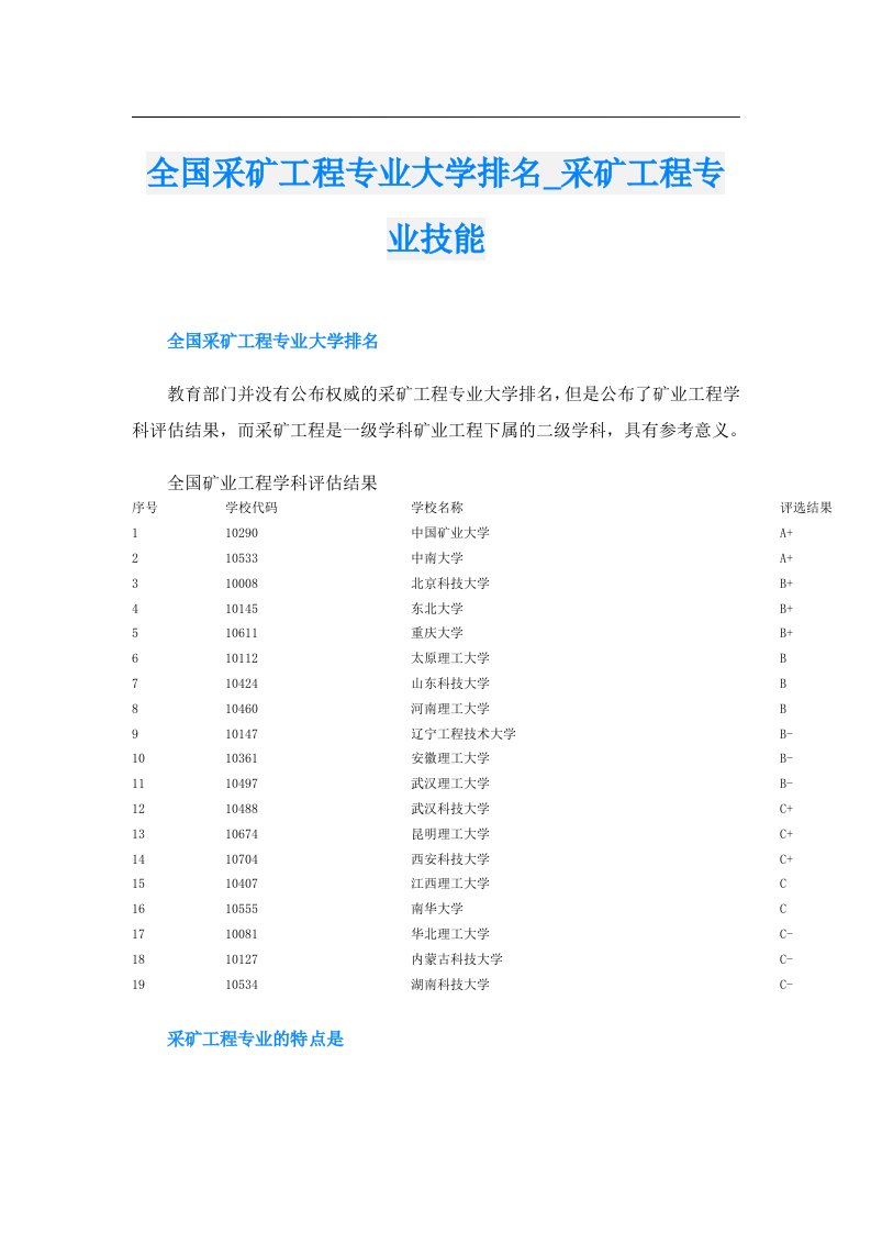 全国采矿工程专业大学排名_采矿工程专业技能