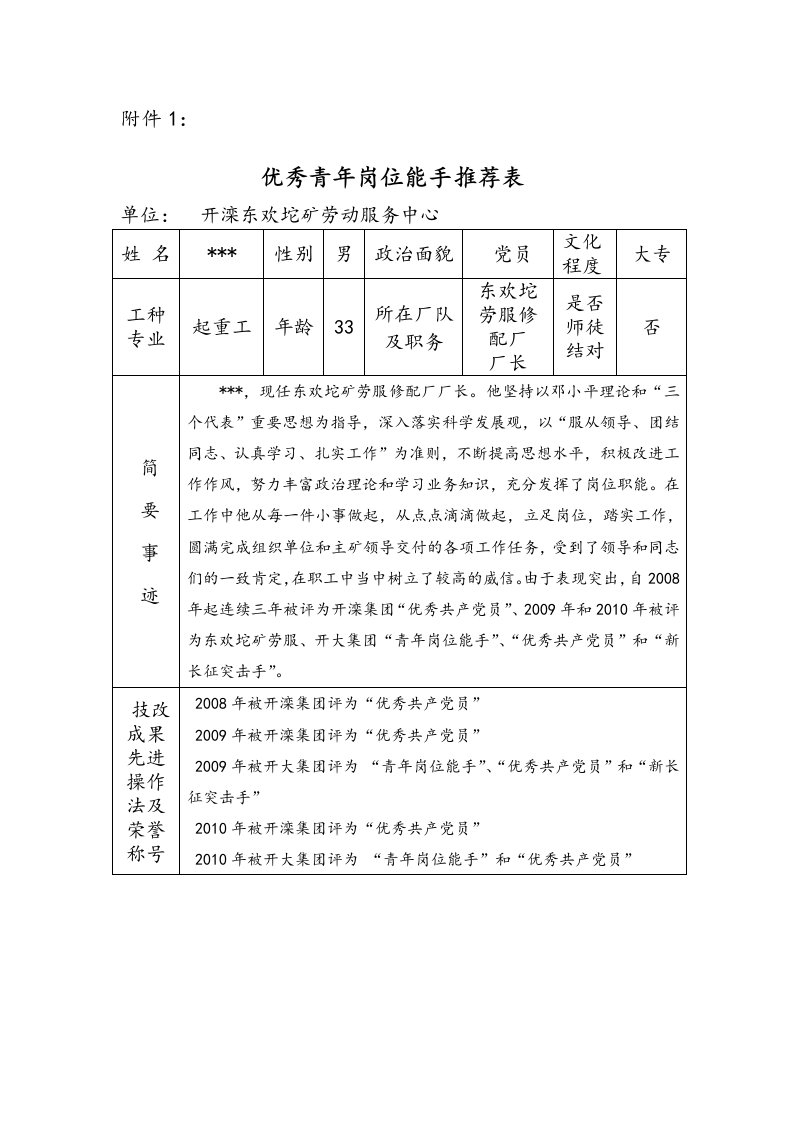 优秀青年岗位能手推荐表与事迹汇报材料