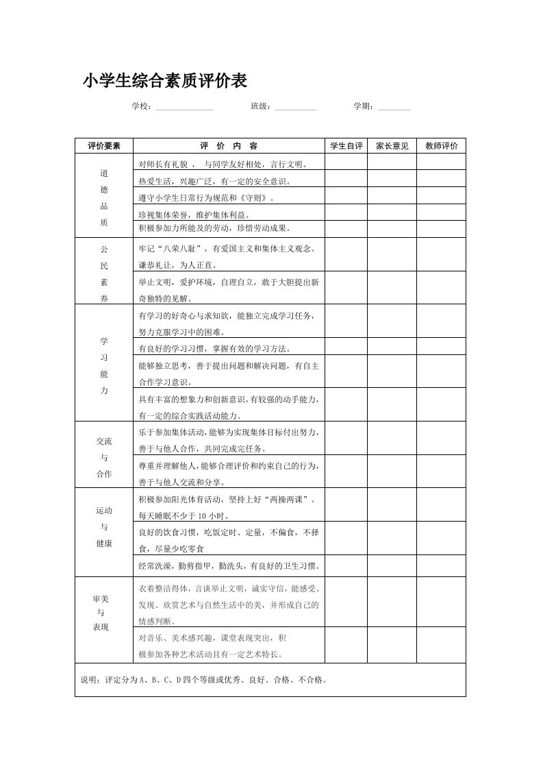 小学生综合素质评价表