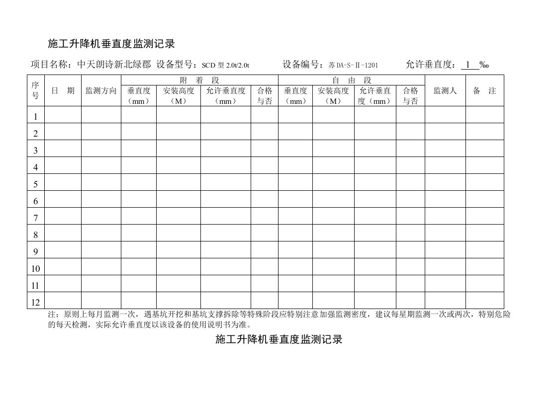 施工升降机垂直度监测记录