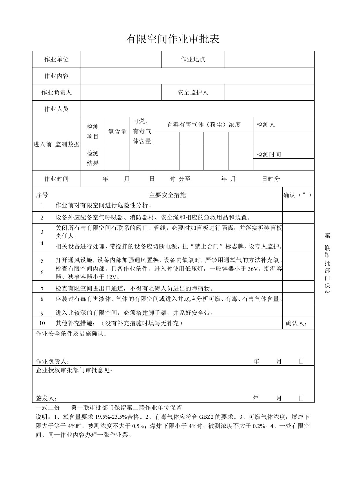 有限空间作业审批表范本