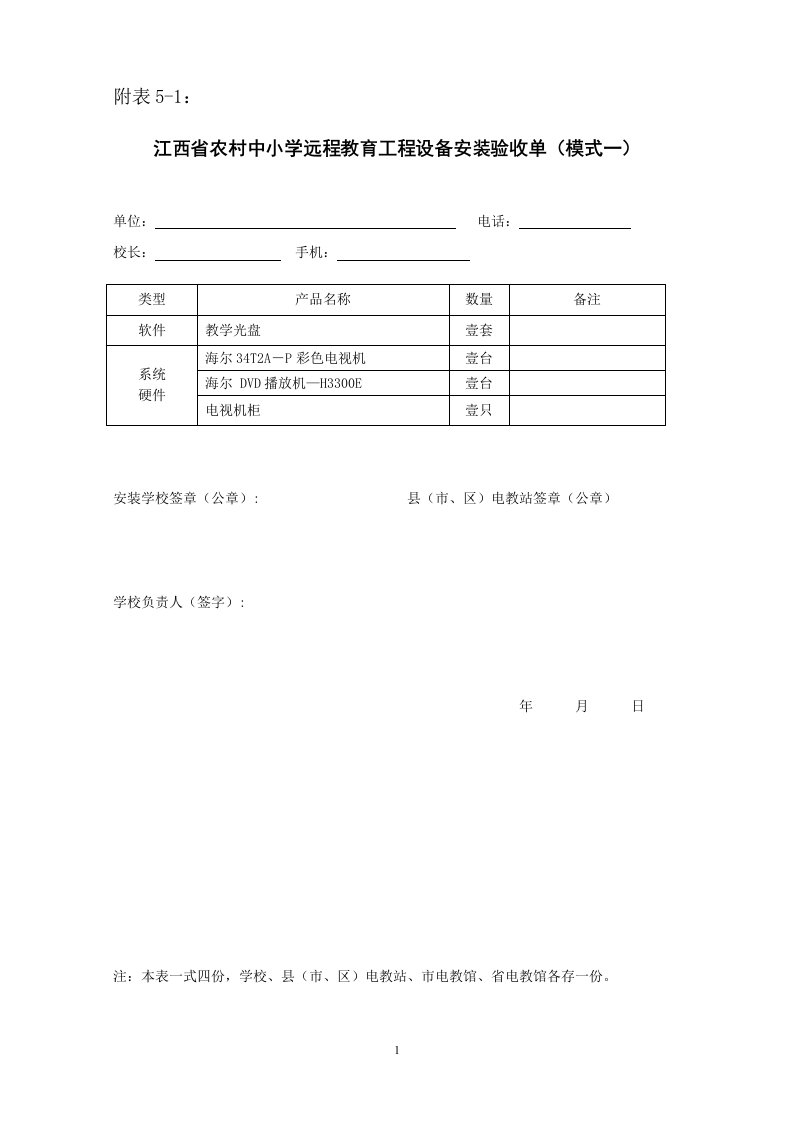 江西省农村中小学远程教育工程设备安装验收单(模式一)