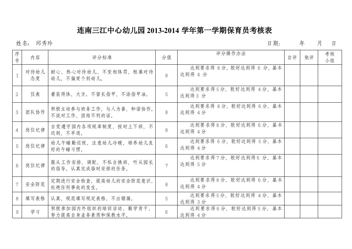 幼儿园保育员考核表