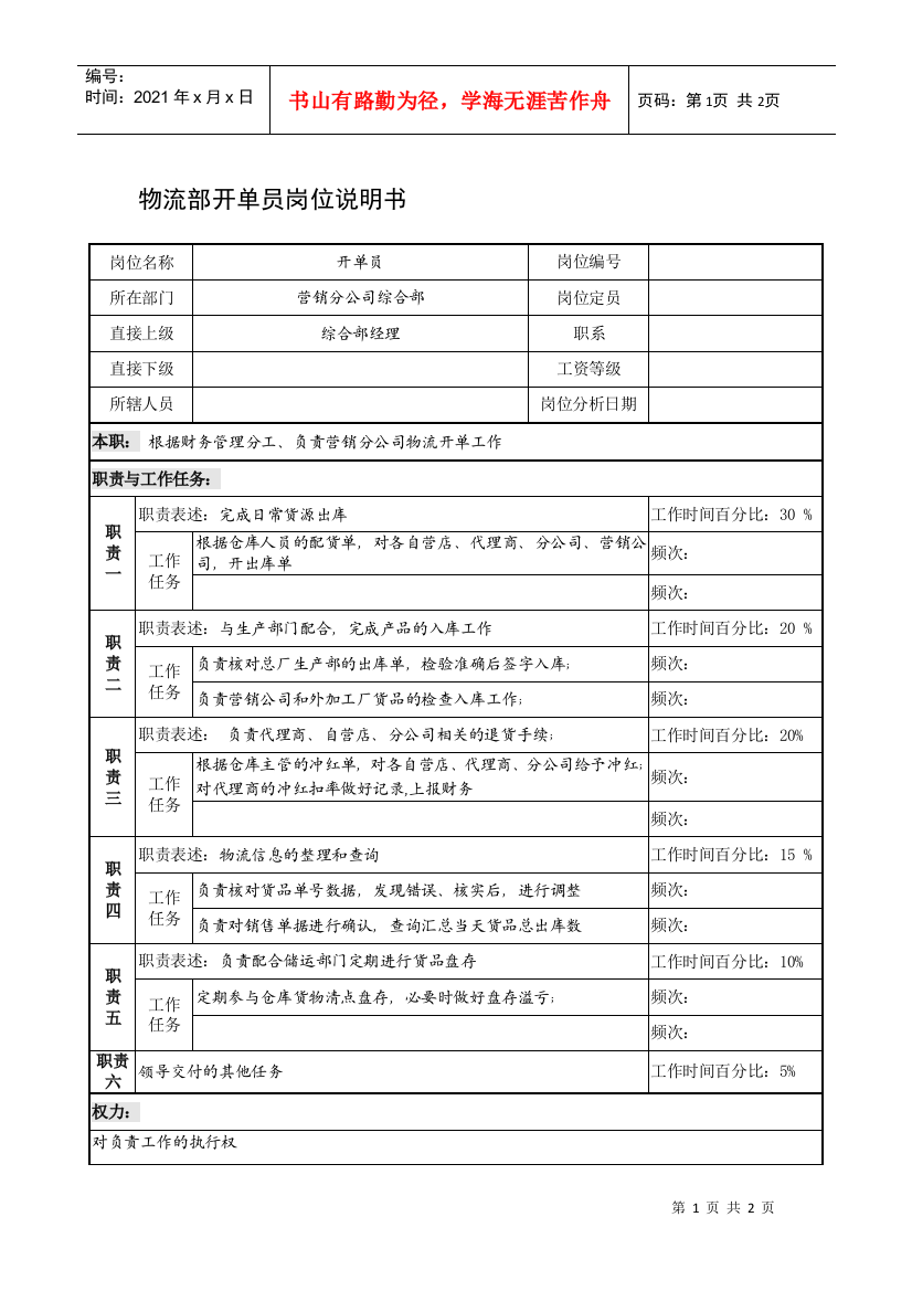 制鞋企业物流部开单员岗位说明书