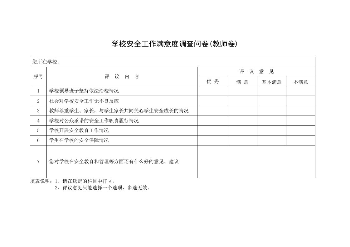 学校安全工作满意度调查问卷家长和教师卷