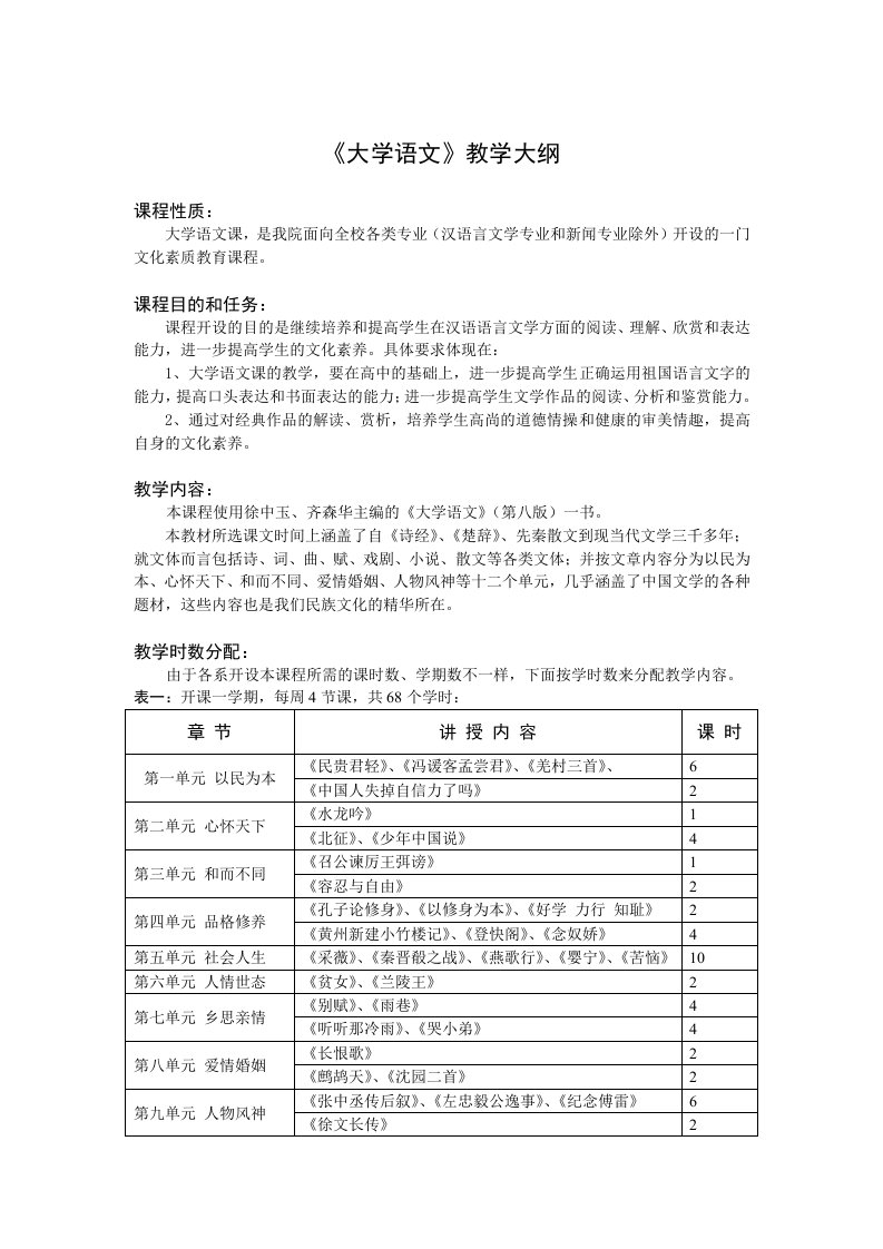 《大学语文》教学大纲