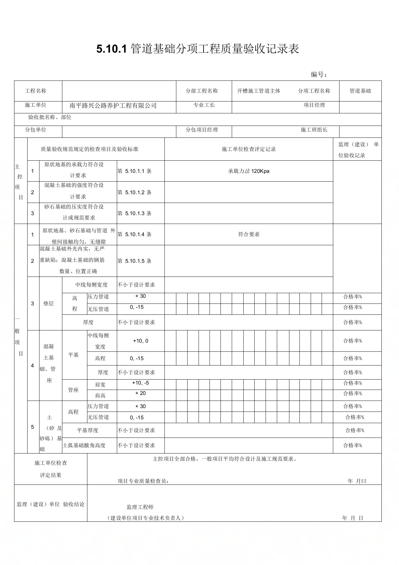 5.10.1管道基础分项工程质量验收记录表