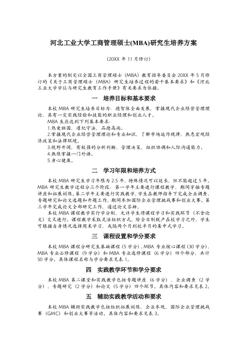 企管MBA-河北工业大学工商管理硕士MBA研究生培养方案