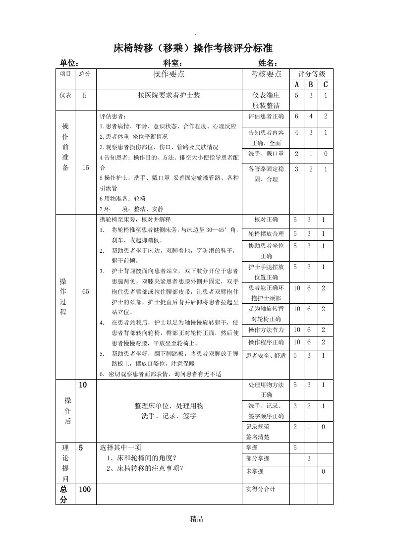 床椅转移操作流程