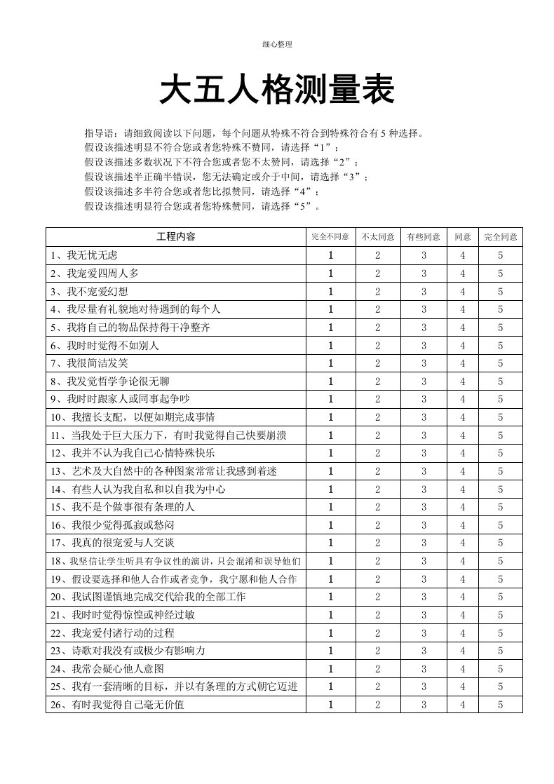 大五人格量表计分及解释