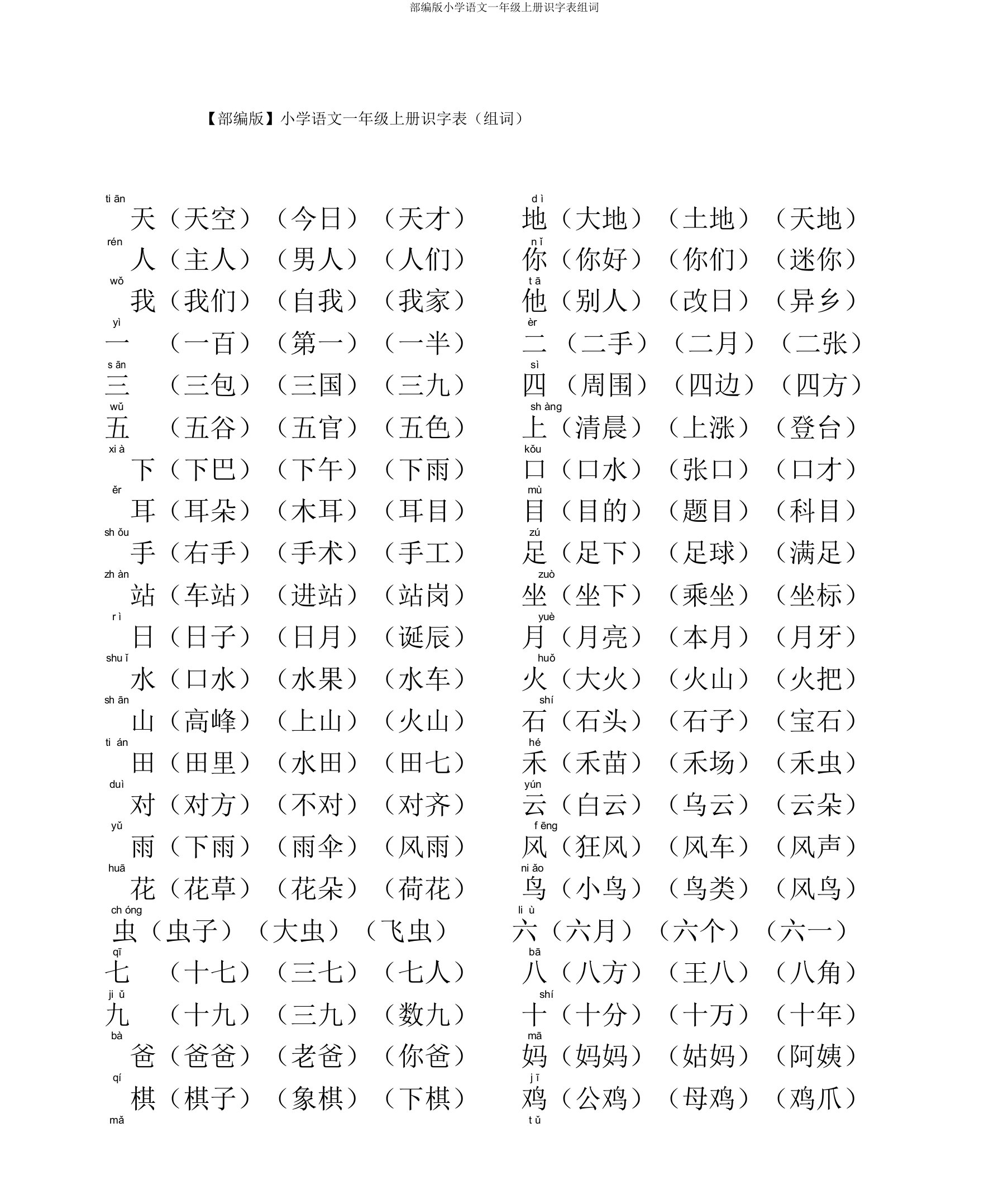 部编版小学语文一年级上册识字表组词