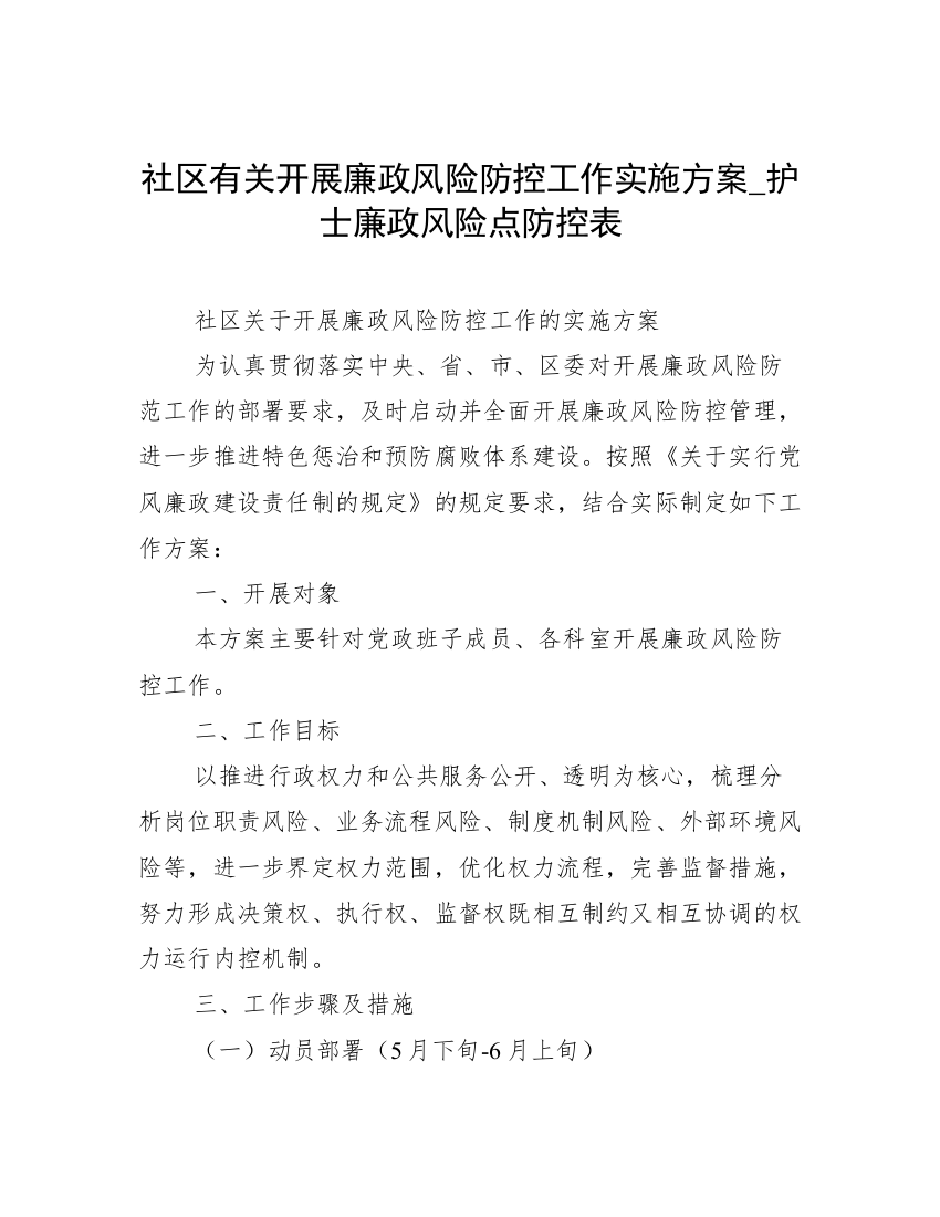 社区有关开展廉政风险防控工作实施方案_护士廉政风险点防控表