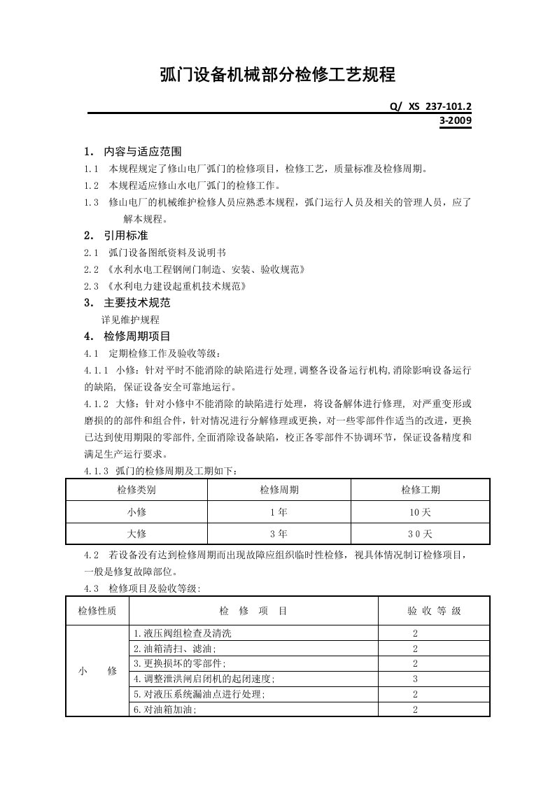 弧门设备机械部分检修工艺规程