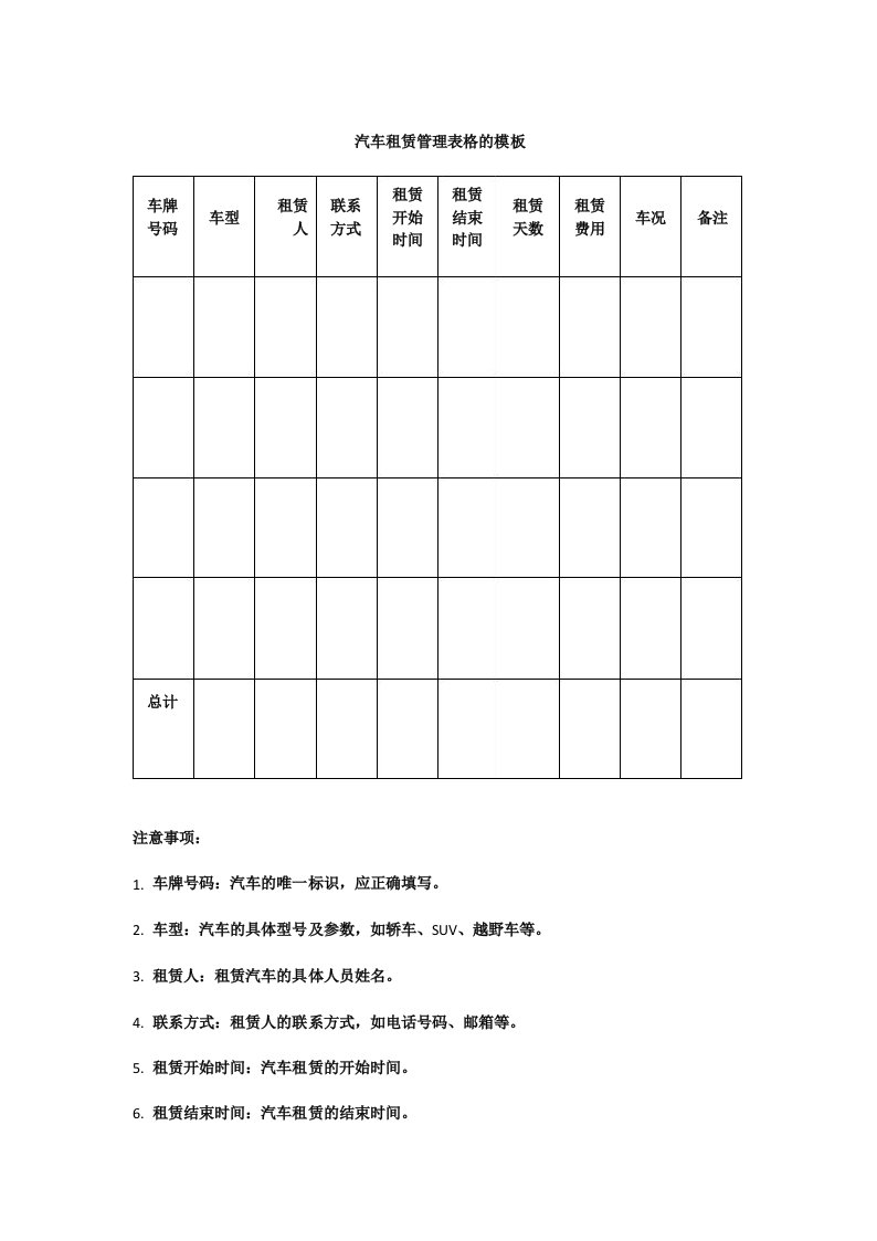 汽车租赁管理表格模板