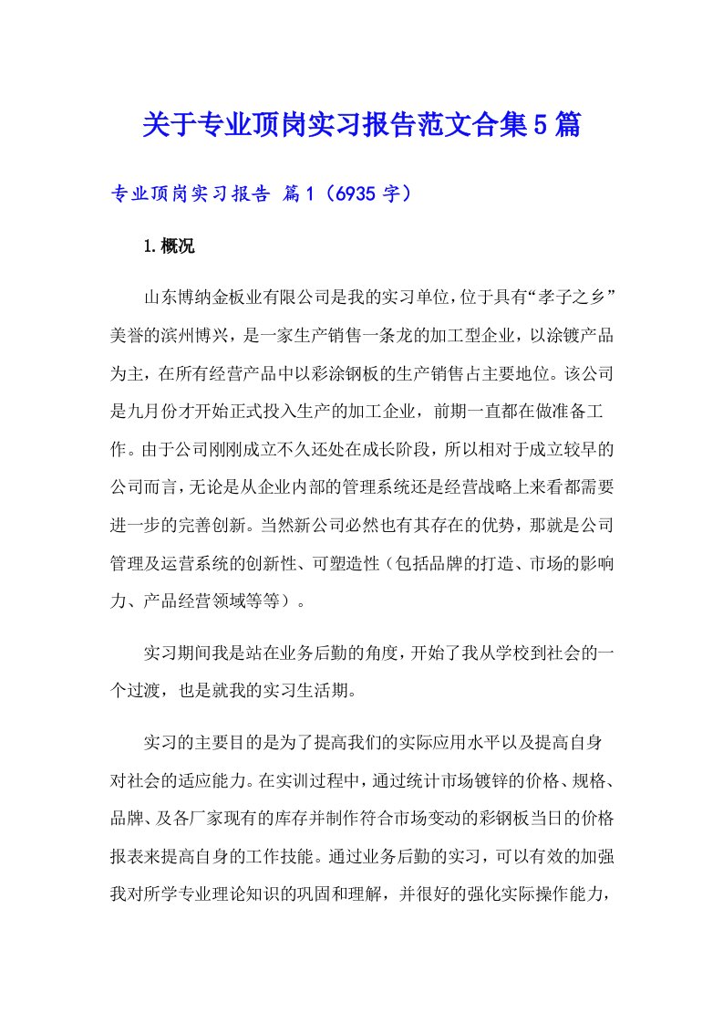 关于专业顶岗实习报告范文合集5篇