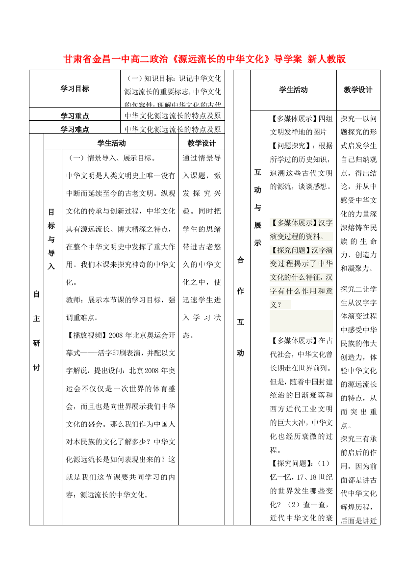 甘肃省金昌一中高二政治《源远流长的中华文化》导学案