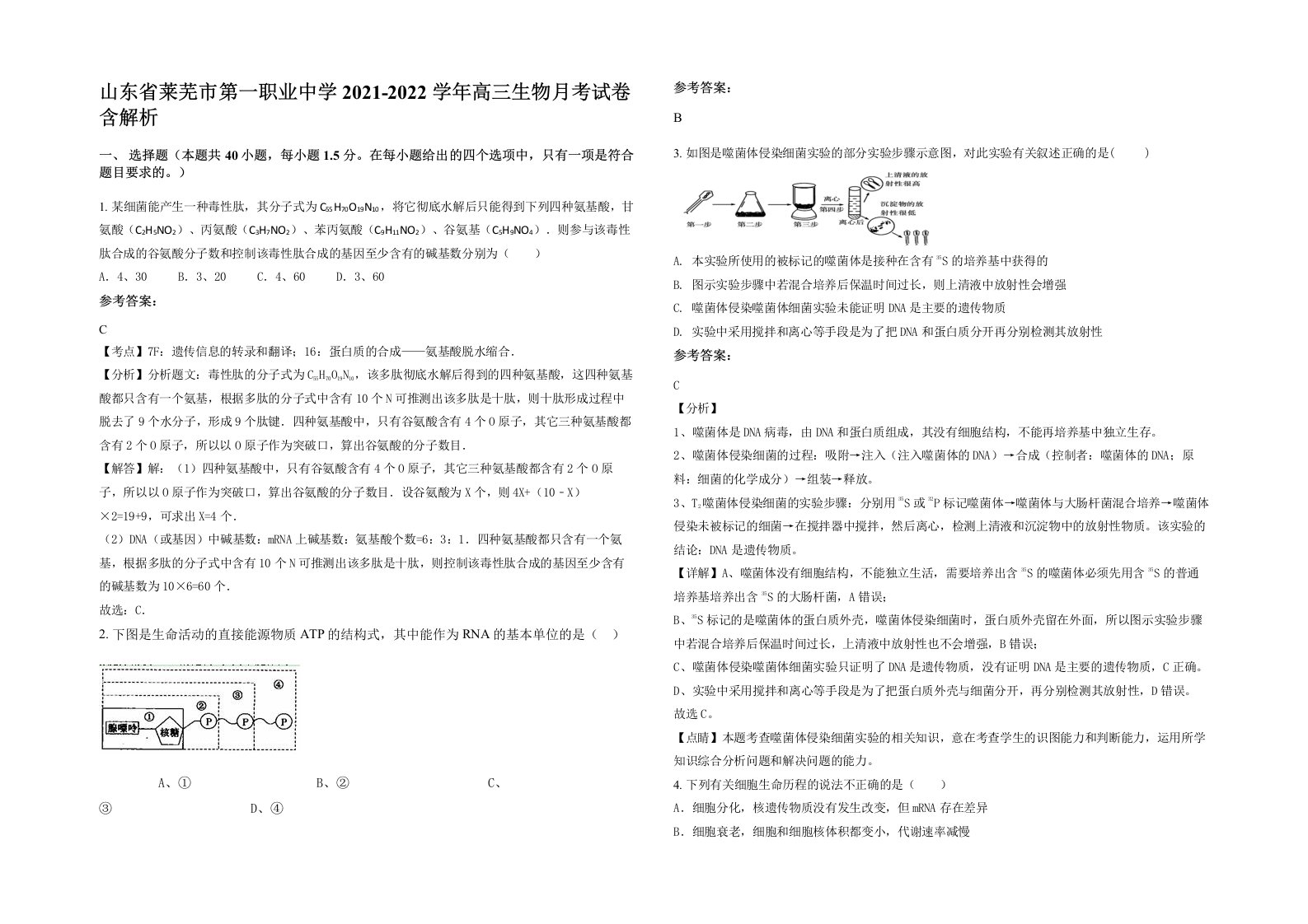 山东省莱芜市第一职业中学2021-2022学年高三生物月考试卷含解析