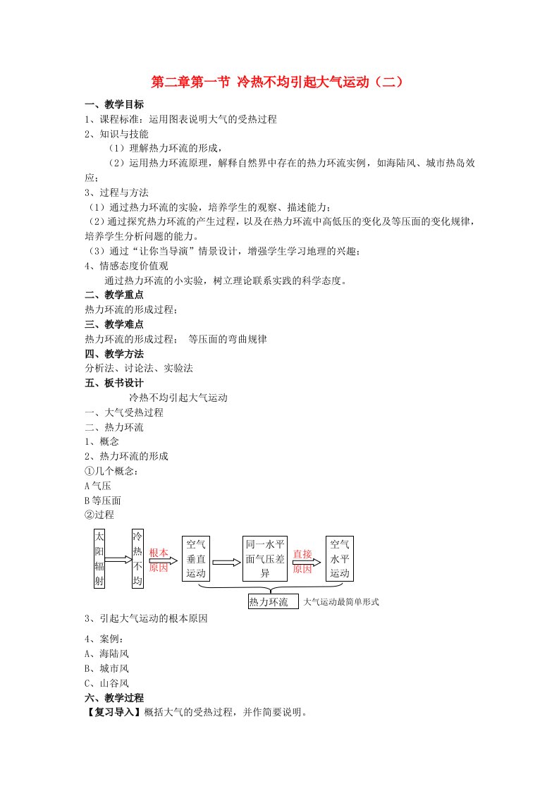 高中地理《冷热不均引起大气运动》教案12新人教版必修