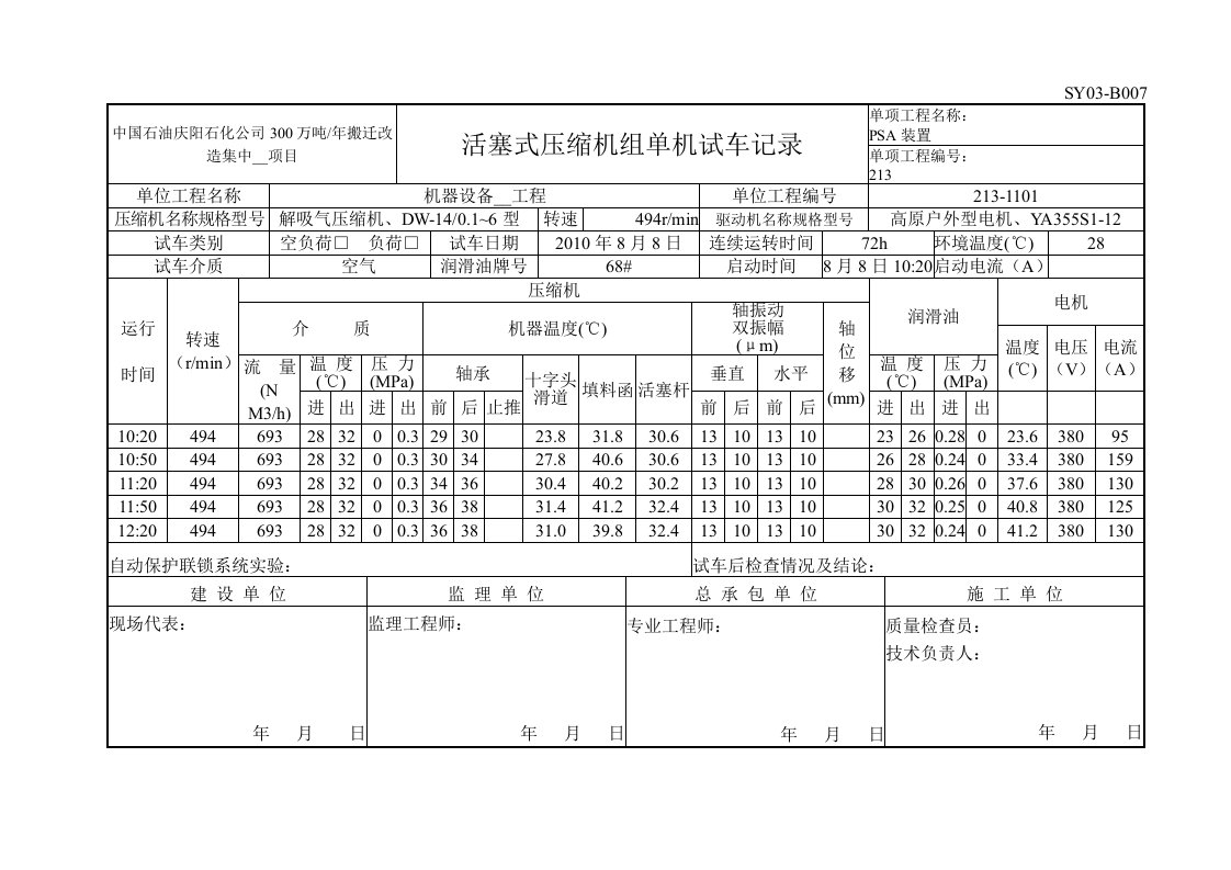 单机试车记录负荷