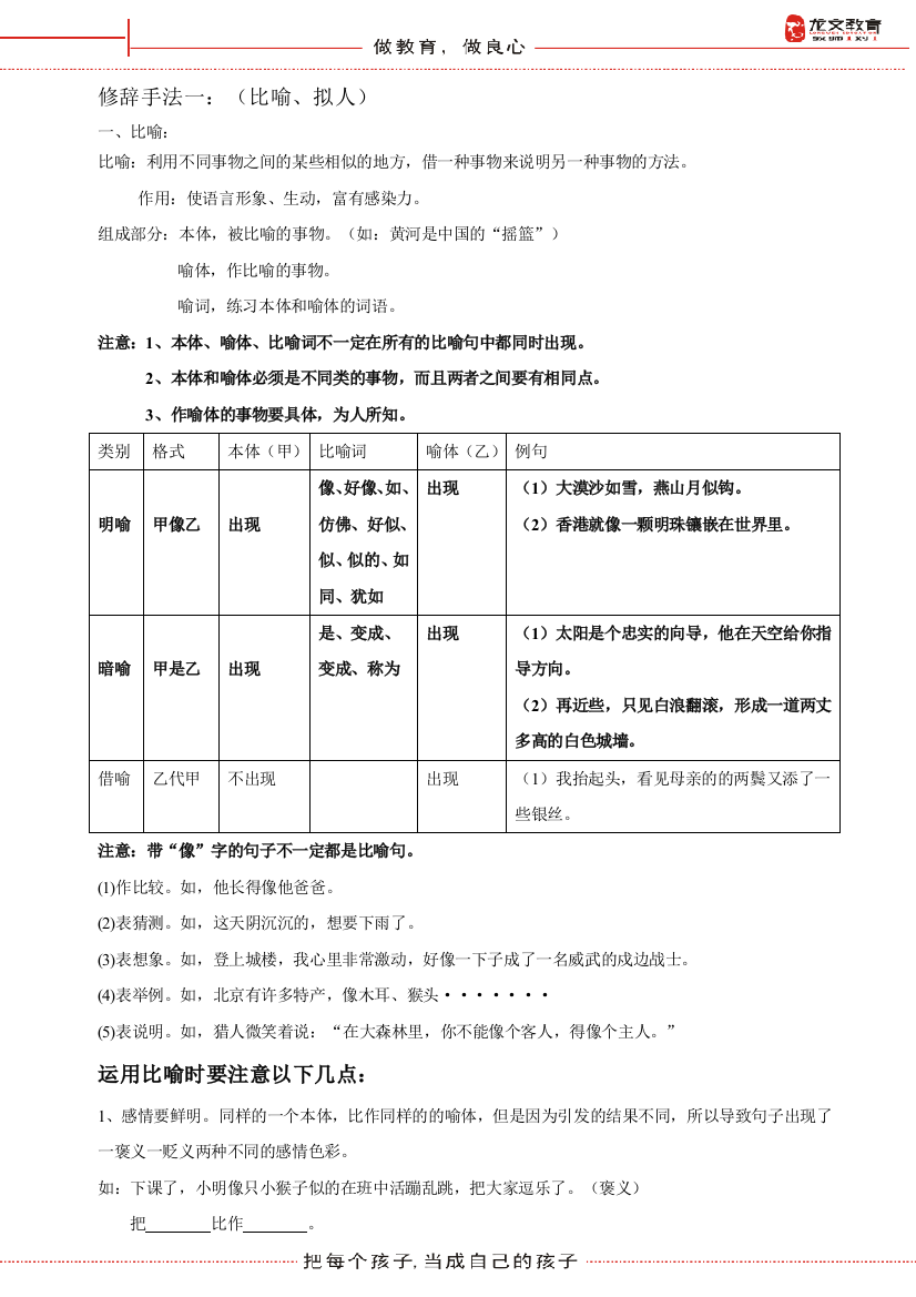 (完整版)修辞手法一：(比喻、拟人)