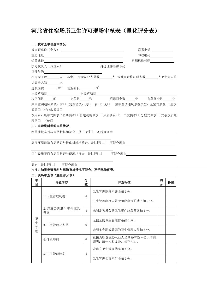 河北省公共场所卫生许可现场审核表