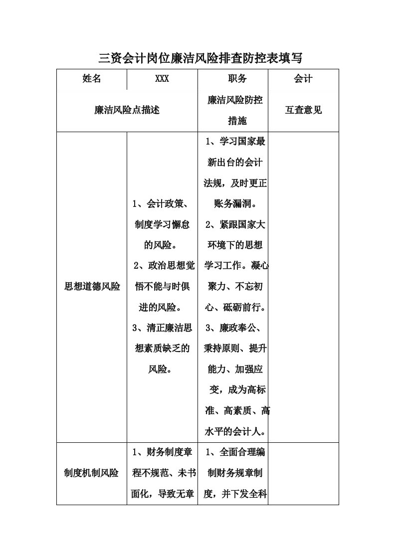 三资会计岗位廉洁风险排查防控表填写