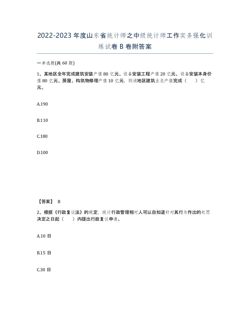 2022-2023年度山东省统计师之中级统计师工作实务强化训练试卷B卷附答案