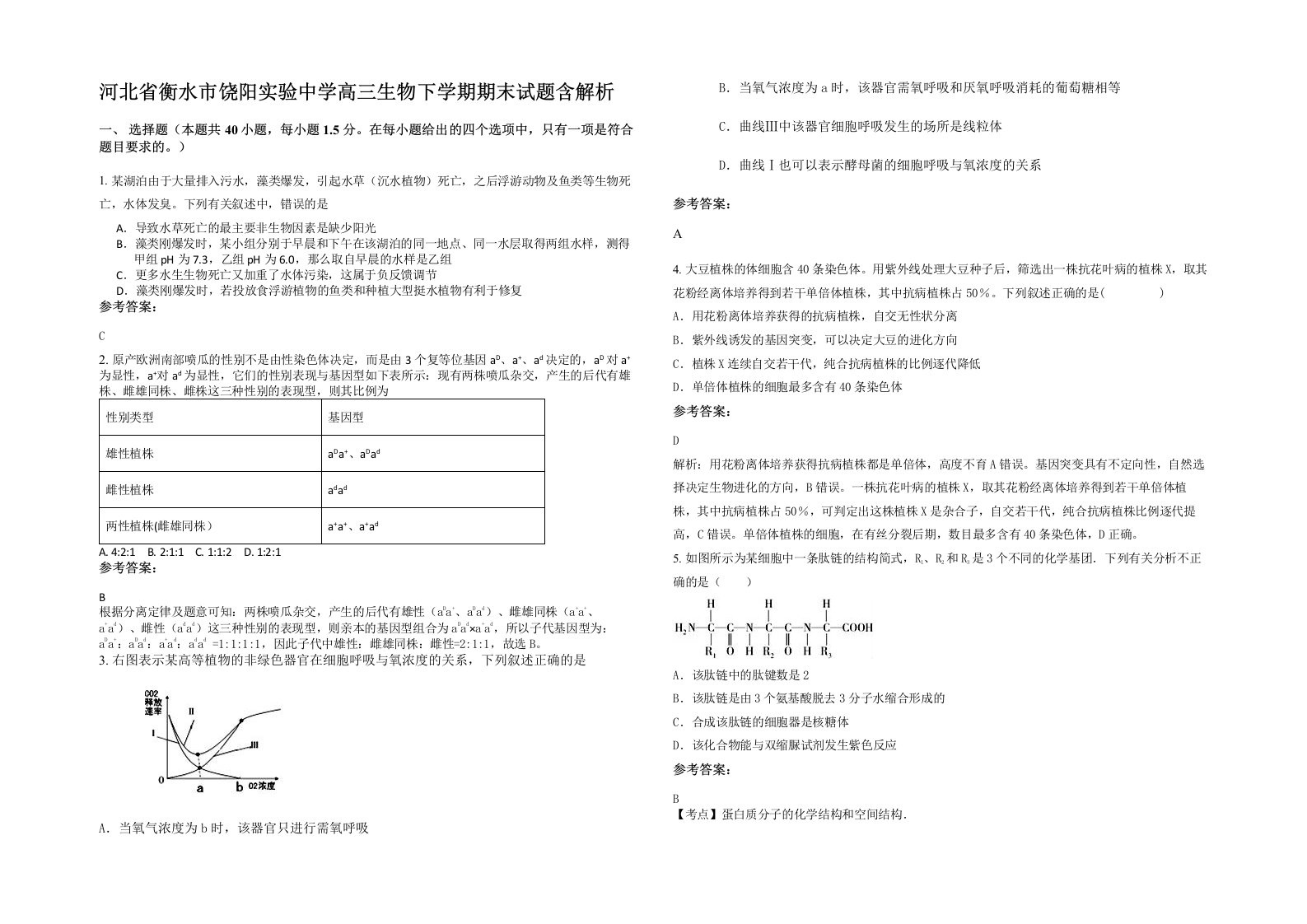 河北省衡水市饶阳实验中学高三生物下学期期末试题含解析